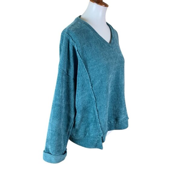 Easel Teal Chenille V Neck Pullover Sweater Slouchy Fit Large Cozy Soft - Picture 3 of 6